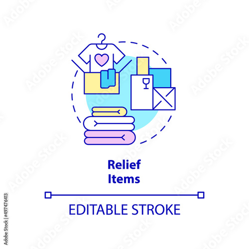 Relief items concept icon. Provide necessary goods. Way to help refugees abstract idea thin line illustration. Isolated outline drawing. Editable stroke. Arial, Myriad Pro-Bold fonts used