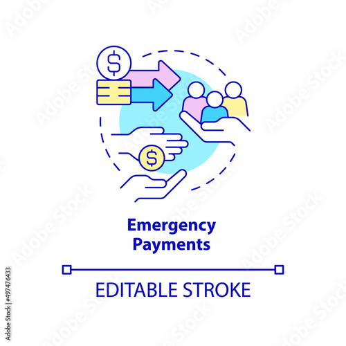 Emergency payments concept icon. Financial assistance. Way to help refugees abstract idea thin line illustration. Isolated outline drawing. Editable stroke. Arial, Myriad Pro-Bold fonts used