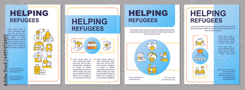 Helping refugees blue brochure template. Support fugitives. Leaflet design with linear icons. 4 vector layouts for presentation, annual reports. Arial-Black, Myriad Pro-Regular fonts used