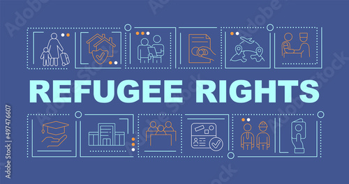 Refugee rights word concepts dark blue blue banner. International protection. Infographics with icons on color background. Isolated typography. Vector illustration with text. Arial-Black font used