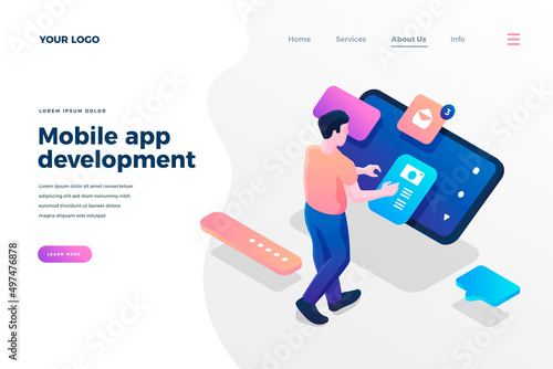 Mobile app development isometric landing page template. Male programmer, engineer creating smartphone application cartoon character. Web designer planning mobile software interface layout