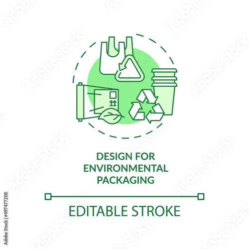 Design for environmental packaging green concept icon. Industrial ecology abstract idea thin line illustration. Isolated outline drawing. Editable stroke. Arial, Myriad Pro-Bold fonts used