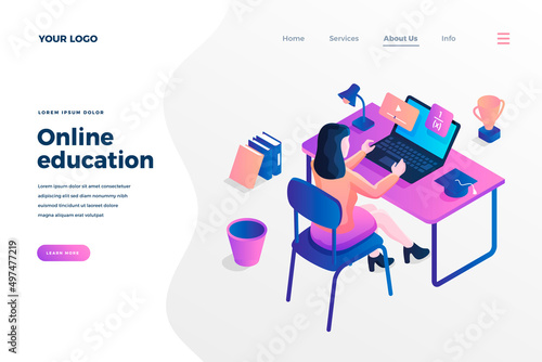 Online education isometric landing page template. Cartoon student watching online course. Distance learning postgraduate program. Self-study, exam preparation website page design layout
