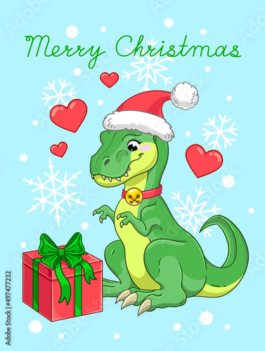 Merry Christmas text. Cute dinosaur with red gift box and snowflakes. Vector illustration for holiday card