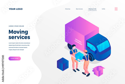 Moving house services isometric landing page template. Workers loading cardboard boxes in truck cartoon characters. Logistics company, relocation services promotional website page design layout