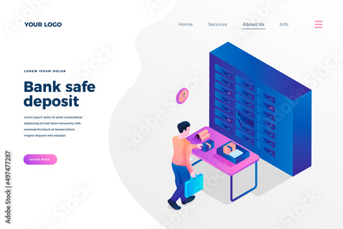 Bank safe deposit isometric landing page template. Client leaving money, golden ingots in safe cell cartoon character. Saving currency, precious things in bank depository promo homepage design layout