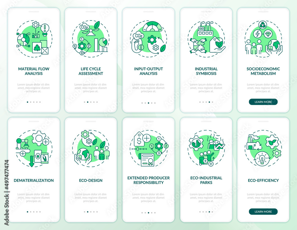 Industrial ecology green onboarding mobile app screen set. Sustainability walkthrough 5 steps graphic instructions pages with linear concepts. UI, UX, GUI template. Myriad Pro-Bold, Regular fonts used