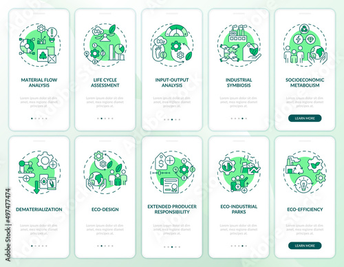 Industrial ecology green onboarding mobile app screen set. Sustainability walkthrough 5 steps graphic instructions pages with linear concepts. UI, UX, GUI template. Myriad Pro-Bold, Regular fonts used