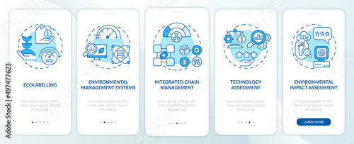 Tools of industrial ecology blue onboarding mobile app screen. Ecosystem walkthrough 5 steps graphic instructions pages with linear concepts. UI, UX, GUI template. Myriad Pro-Bold, Regular fonts used