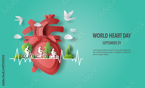 World Heart Day concept; happy family riding a bike with a heart in the background, paper illustration, and 3d paper.
