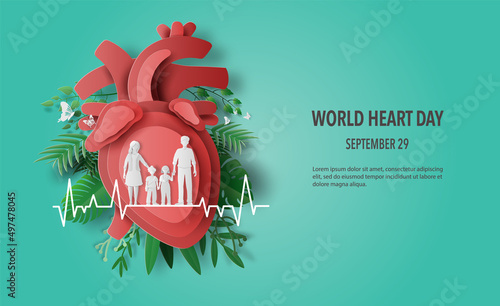 World Heart Day concept, a family holding hands standing on a heartbeat line together with a heart in the background, paper illustration, and 3d paper.