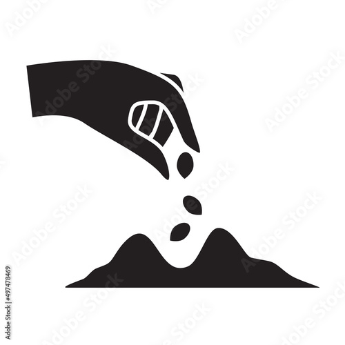 Hand planting seed.Hand puting seed to ground.Process of seeding.Person scattering seeds.Dropping seed into soil.The concept of gardening and farming.Black silhouette vector flat illustration.