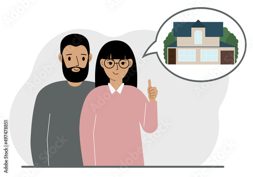 Happy couple or young family hugging and thinking about buying a dream home. Dreamy metaphor.