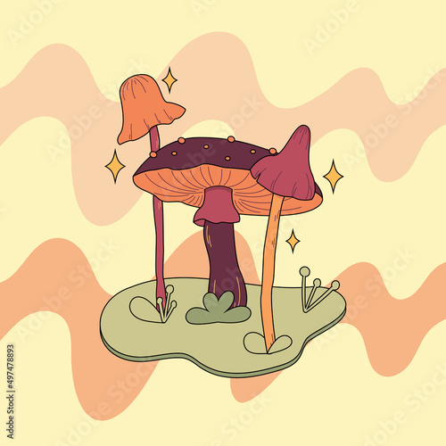 Various magic hallucinogenic mushrooms. Fantasy cute elements. Retro cartoon mushrooms on the grass. Abstract modern design. Hippie style. Vector flat illustration on an isolated background.