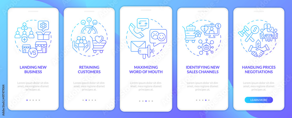 Business sales complications blue gradient onboarding mobile app screen. Walkthrough 5 steps graphic instructions pages with linear concepts. UI, UX, GUI template. Myriad Pro-Bold, Regular fonts used
