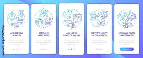 Business sales complications blue gradient onboarding mobile app screen. Walkthrough 5 steps graphic instructions pages with linear concepts. UI, UX, GUI template. Myriad Pro-Bold, Regular fonts used
