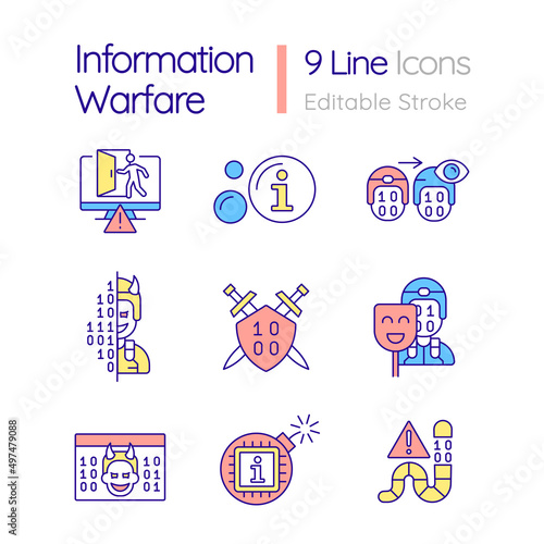 Information warfare RGB color icons set. Mislead opponent. Data manipulation. Isolated vector illustrations. Simple filled line drawings collection. Editable stroke. Quicksand-Light font used