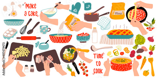Cooking soup. A set with cooking stages  vegetables  dishes.   Preparation the cherry pie with ingredients and utensils. Female hands. Text - Make a cake  Time to cook. Vector illustration