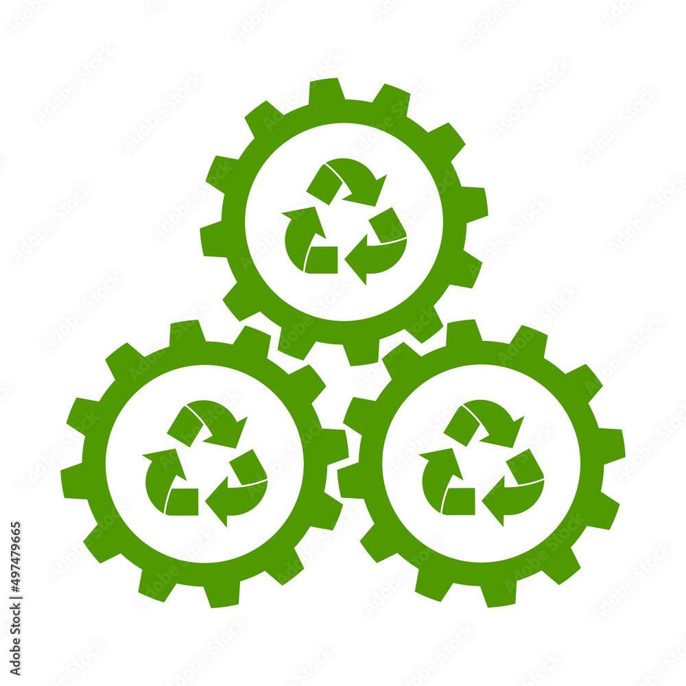 Cogwheels with recycle arrows. Vector image.