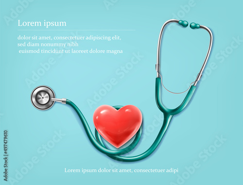 3d realistic vector background illustration. Stethoscope with heart, medical banner.