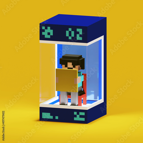 3D Rendering of character using voxel art style. People reading news paper. photo
