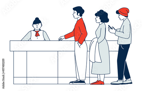 Reception queue. People standing in line to front desk