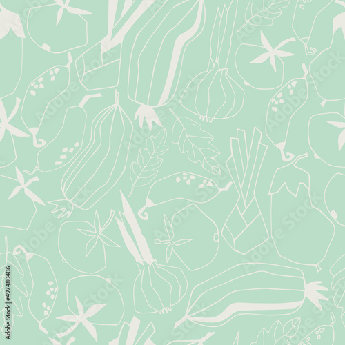 Seamless repeating pattern with vegetables. Stylized vector line art. Abstract trendy illustrations on green background. Healthy food, carbs, veganism concept