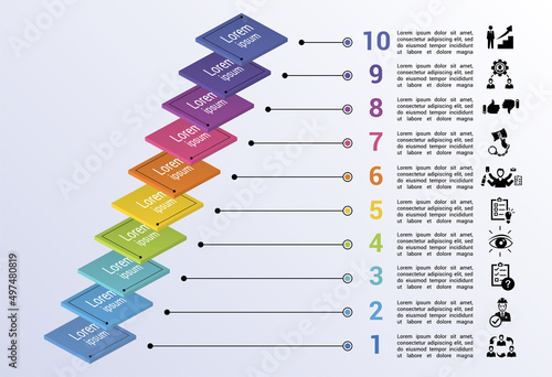 Infographic Management template. Icons in different colors. Include Lead Management, Criticism, Specialist, Interaction and others.