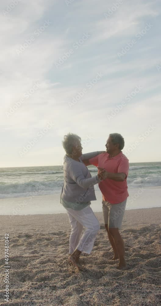 Vertical video of happy senior biracial couple dancing on sunny beach Vertical video of happy senior biracial couple dancing on sunny beach
