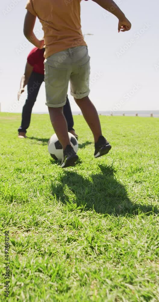 Vertical video of african american father with son playing football Vertical video of african american father with son playing football