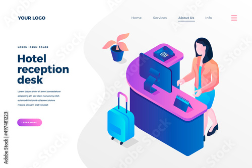 Hotel reception desk isometric landing page template. Female receptionist checking info on computer monitor cartoon character. Hotel room reservation services promotional website page design layout
