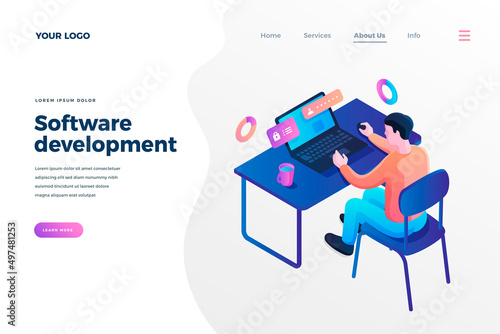 Software development isometric landing page template. Male programmer designing user account interface. Computer engineer creating login, password. Web development company homepage design layout