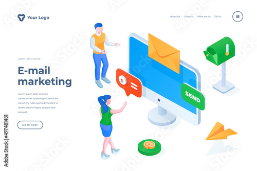 E-mail marketing isometric landing page template. Modern e-commerce methods for attracting target audience. Sending electronic letters, promotional newsletters to customers service webpage design