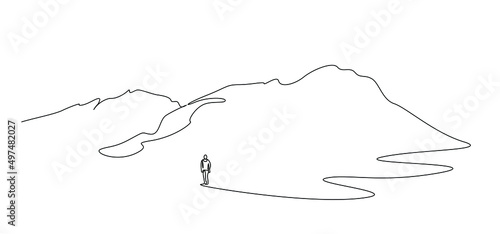 a person standing with his back turned calmly in nature opposite the mountains