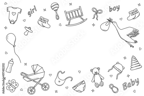 Newborn icons set doodle style. Vector illustration of elements for a baby.
