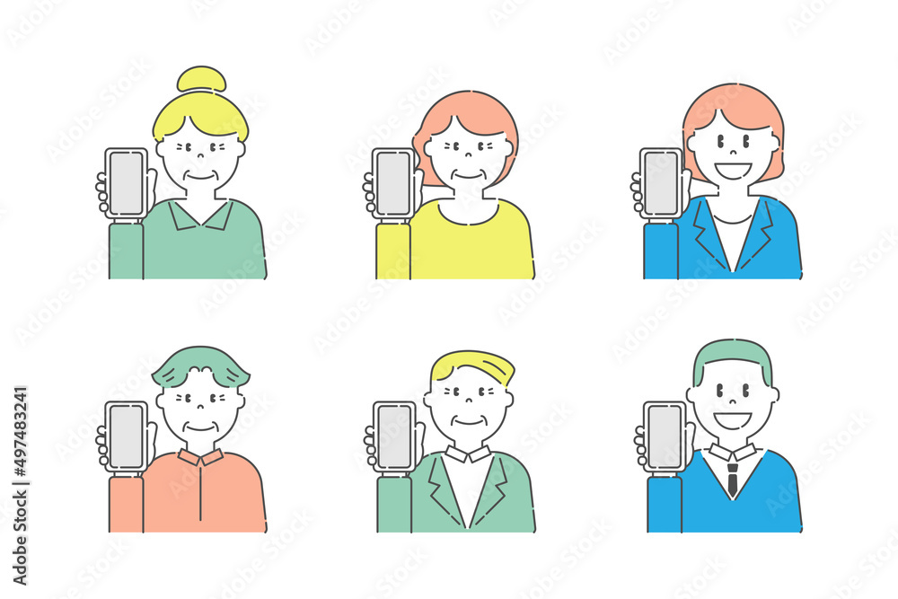 スマートフォンを持っているいろいろな人9　高齢者と若者　カラー