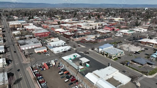 Cinematic 4K aerial view of the city of Ellensburg, Kittitas County in Western Washington photo