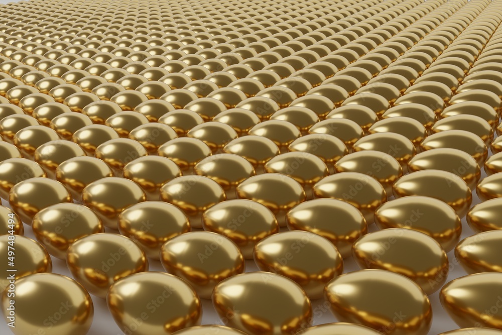 Fototapeta premium Many shining identical golden eggs lie on the plane. 3d rendering.