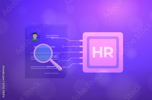 AI in HR - human resource management concept. Artificial intelligence in hiring icon. A robot scans CV resumes database of potential employees for further interviews. HR automation