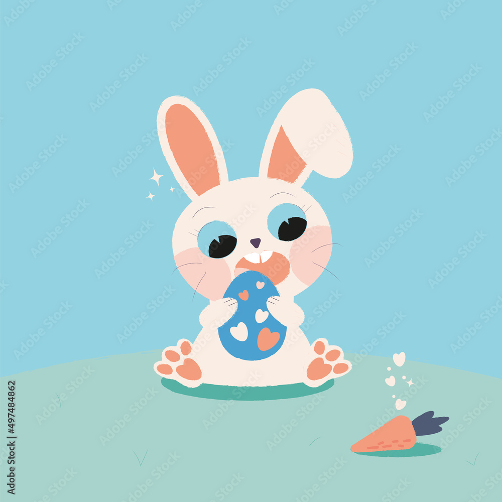 White rabbit with carrot and egg with hearts White rabbit with carrot and egg with hearts