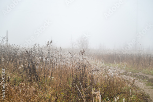 Bend of dirt road running through field with dry grass white with frost covered with thick fog, cold autumn morning landscape