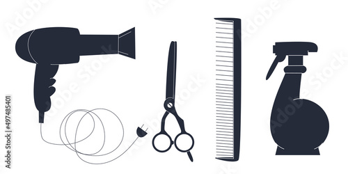 Hair dryer comb scissors and spray. Hair styling and cutting accessories. Flat vector illustration. Eps10