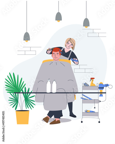 A woman hairdresser cuts a male client's hair. A handsome young man is sitting in a barber's chair getting a haircut. Salon barbershop interior. Flat vector illustration. Eps10