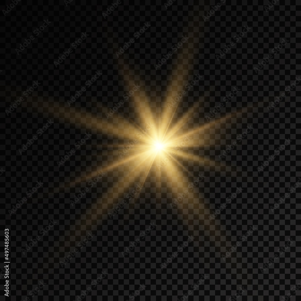 Yellow sun rays, golden light effect, star.