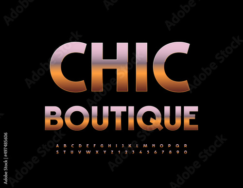 Vector luxury logo Chic Boutique. Golden metal Font. Elegant Alphabet Letters and Numbers set