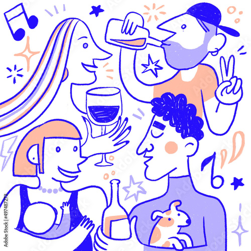 Cartoony characters chatting and attending a networking event, with drinks and music