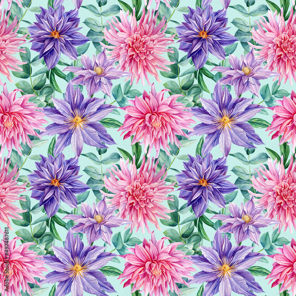 Floral Seamless patterns, flowers on an isolated background. Watercolor illustration dahlias, eucalyptus and clematis Floral Seamless patterns, flowers on an isolated background. Watercolor illustration dahlias, eucalyptus and clematis