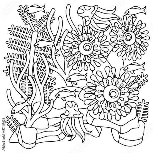 Exotic underwater plants coloring book for adults.