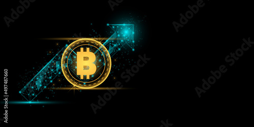 Bullish market trend concept. Golden coin of cryptocurrency with the blue upper arrow graph on dark background. Blockchain technology. Increase rate and fly to the moon.