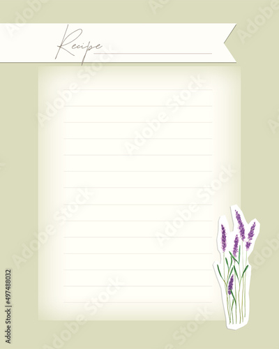 Recipe template in scrapbooking style - collage vintage blank blank card with old paper, lavender, lace. Vector illustration